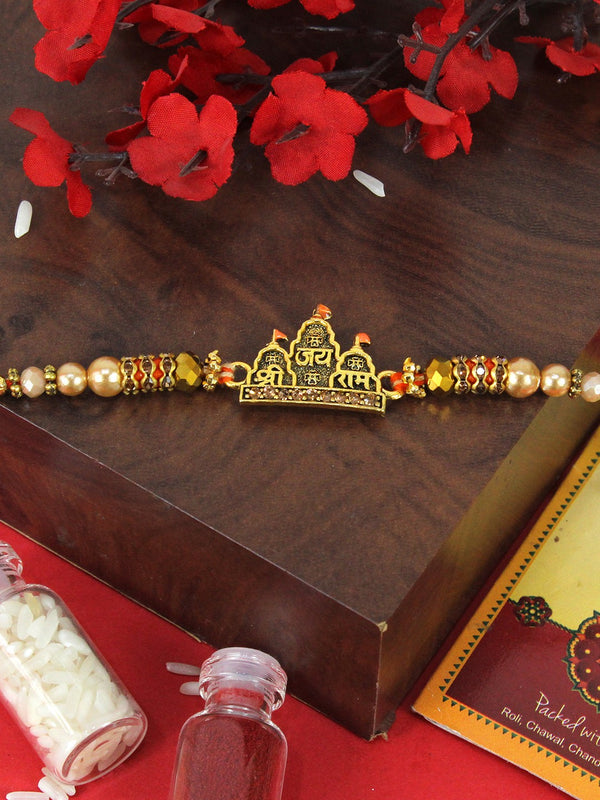 Lord Jai Shree Ram Beaded Thread Rakhi with Greeting Card & Roli Chawal