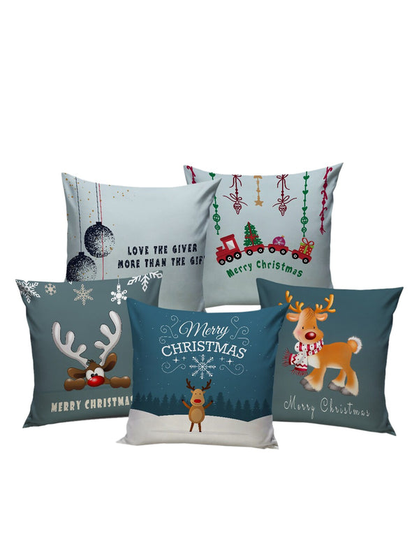 Blue & Grey Set of 5 Christmas Satin Square Cushion Covers (16"X16")