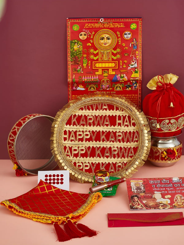 Red Karwachauth Thali Set With Cover & Pooja Samagri