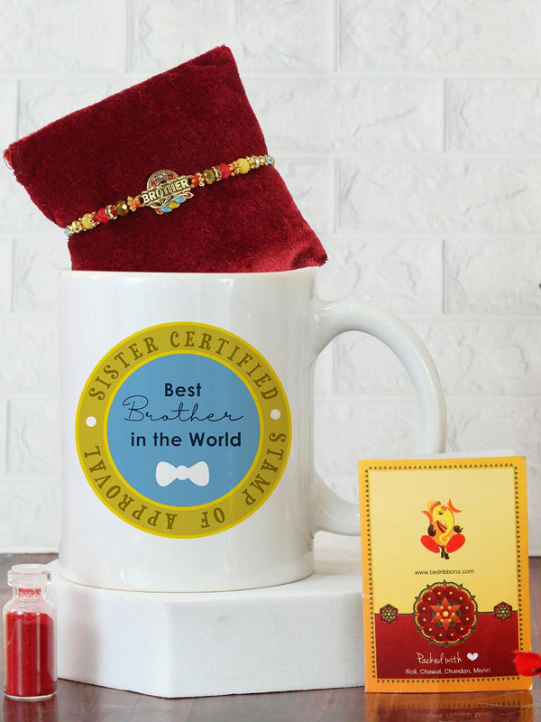 Printed Mug 330ml with Rakhi and Roli and Greetings Card