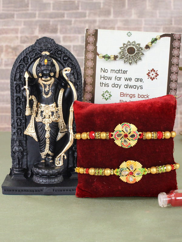 Designer Rakhi for Brother (Set of 2) and Ram Lalla God Figurine with Mini Card and Roli Tika