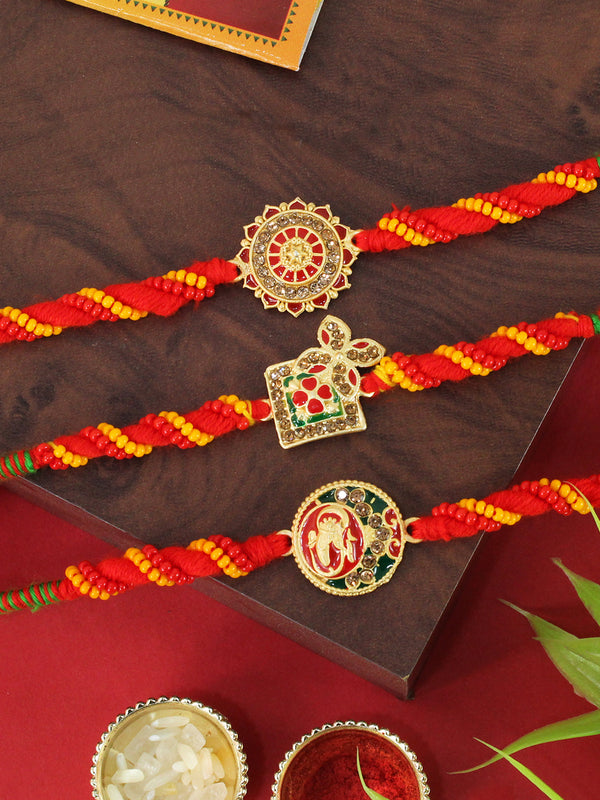 Set of 3 Designer Rakhi for Bhaiya with Rakhi Card & Roli Chawal Tika