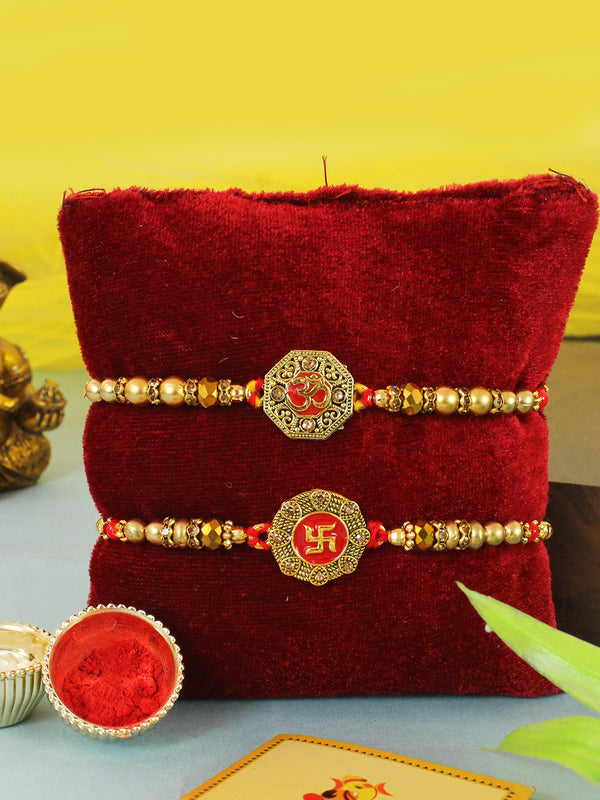 Set of 2 Golden Rakhi for Brother with Rakhi Card and 1 Roli Chawal Tika