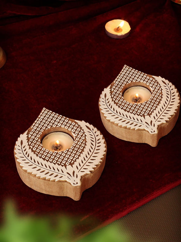 Brown & White Wooden T-Light Candle Holders