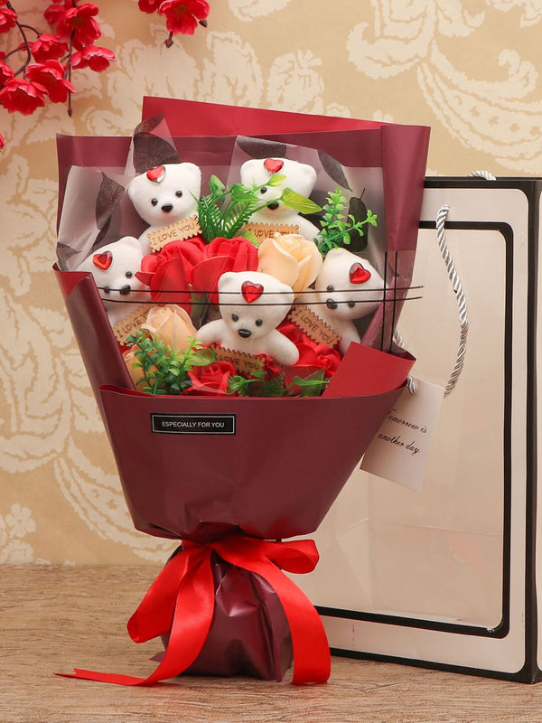 Red & White Artificial Rose Flower Bouquet with Mini Teddy Valentine Gift Set