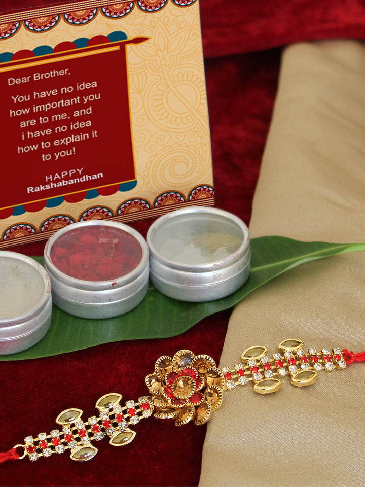 Handmade Red & Gold Diamond Rakhi Comes with Roli Chawal and Tika Packet