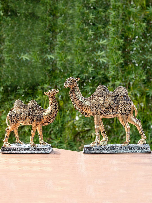 Set of 2 Gold-Toned Camel Animal Figurines Statue Showpiece