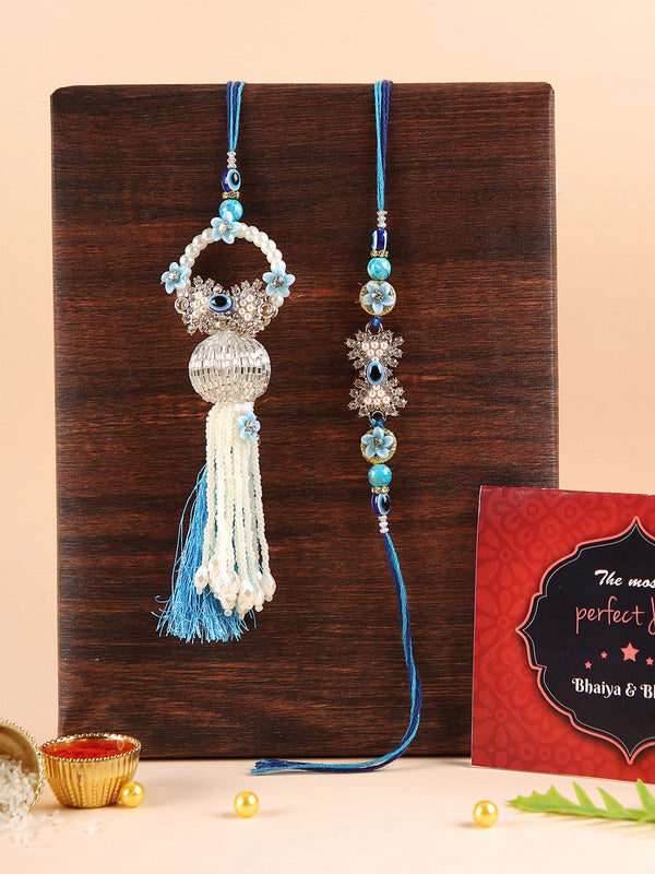 Rakhi Bhaiya and Lumba Rakhi for Bhabhi with Mini Greeting Card and Roli Chawal Packet