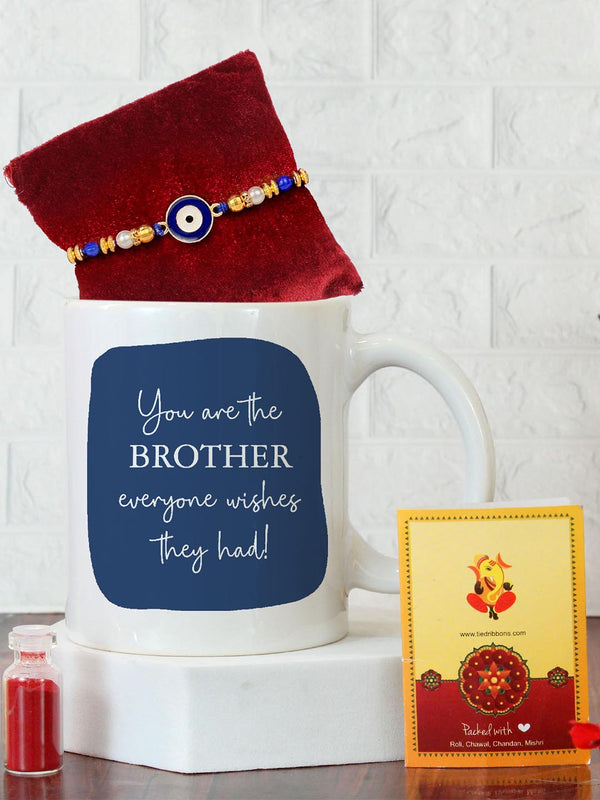 Greetings Card & Printed Mug 330ml with Crystal Rakhi and Roli