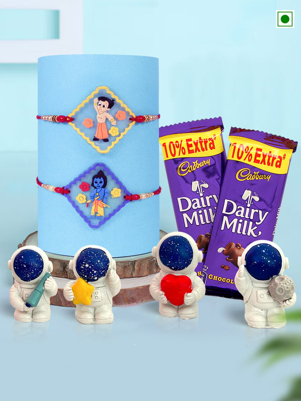 Cartoon Krishna Chota Bheem Rakhi Set of 2 for Kids Boys Baby Brother with Chocolate Mini Astronauts Toys Statue Card and Tikka