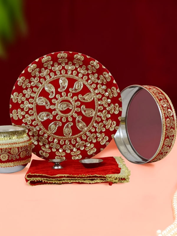 Red Karwachauth Thali Set With Cover & Pooja Samagri