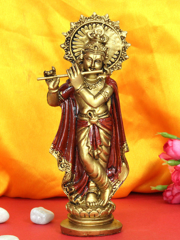 Gold-Toned and Red Lord Krishna Playing Murli Idol Decorative Statue Showpiece