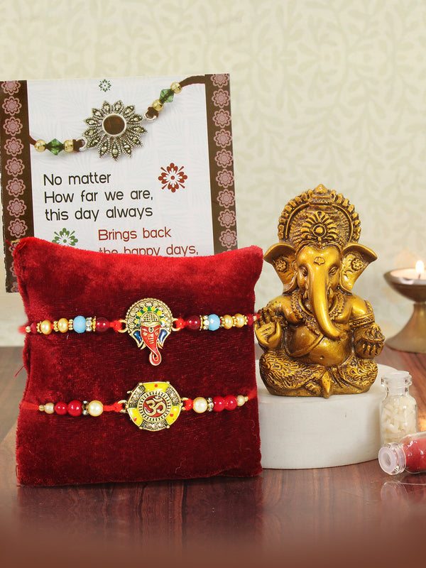 Set of 2 Rakhi for Brother and Ganesha Idol Statue with Mini Card and Roli Chawal Tika