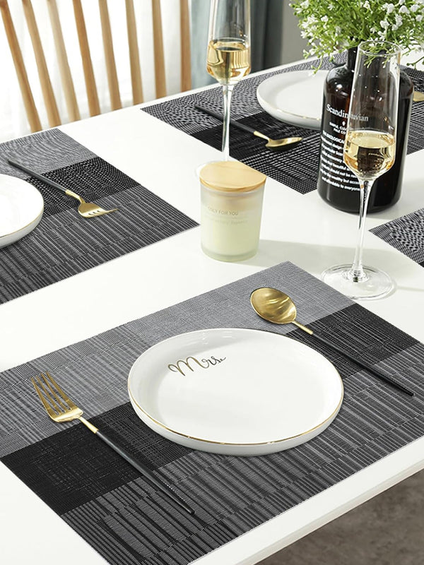 Exquisite Bamboo PVC Placemats Woven Vinyl Non-Slip (Ombre Black and Gray, 6)