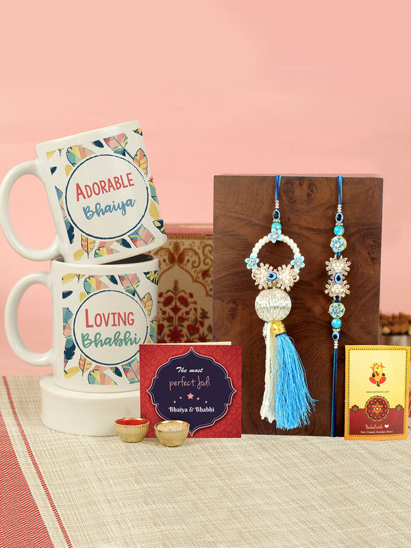 Rakshabandhan Designer Bhaiya-Bhabhi Rakhi With Set of 2 Mug, Card, Roli Chawal Tika