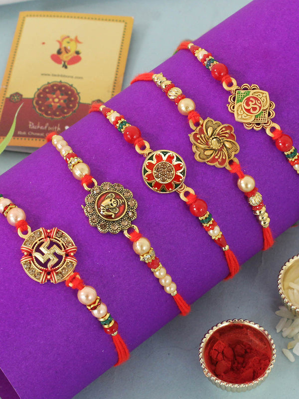 Set of 5 Rakhi for Bhaiya with Greeting Card and Roli Chawal Packet