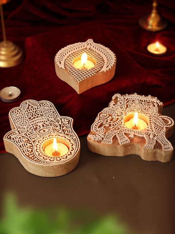 Brown & White 3 Pcs Wooden Leaf Palm & Elephant Shaped T-Light Candle Holders