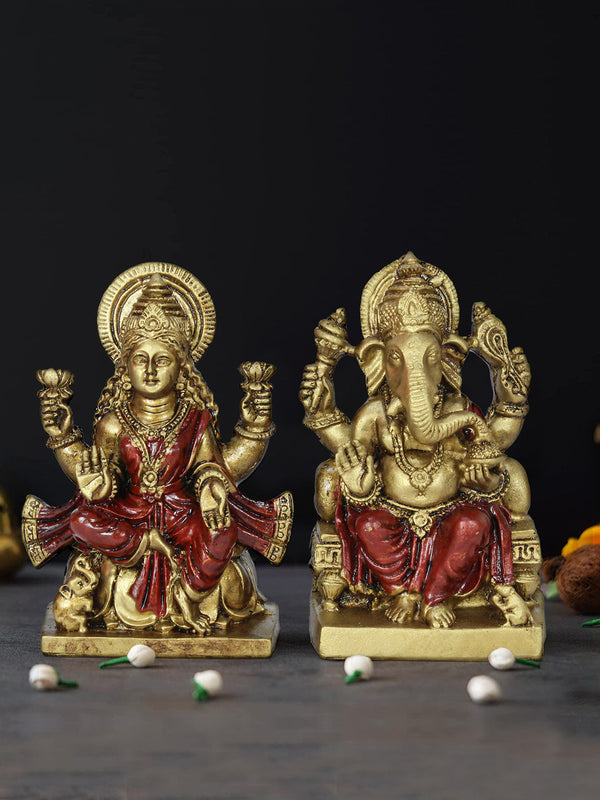 2 Pcs Golden & Red  Laxmi & Ganesha Idol Showpieces