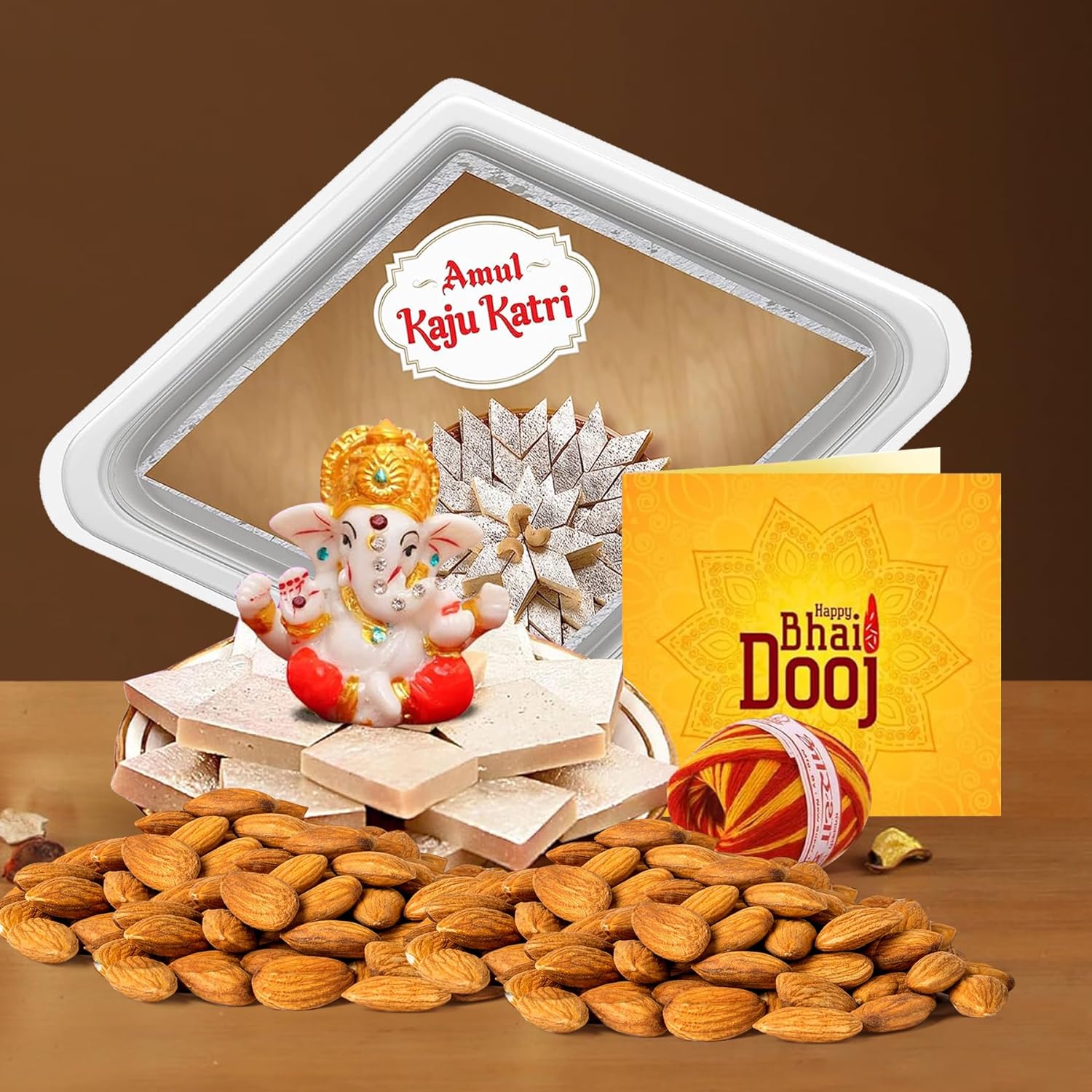 Buy | Bhai Dooj Gift With Sweets Amul Kaju Katli Almonds & Ganesh Idol ...