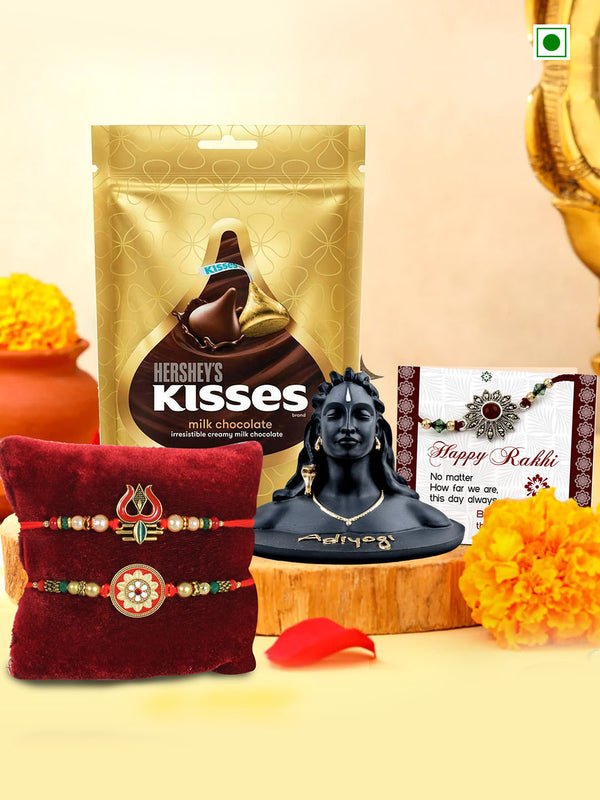 Set of 2 Rakhi with Adiyogi Idol & Chocolate | Rakhi Card and Roli Chawal Tika