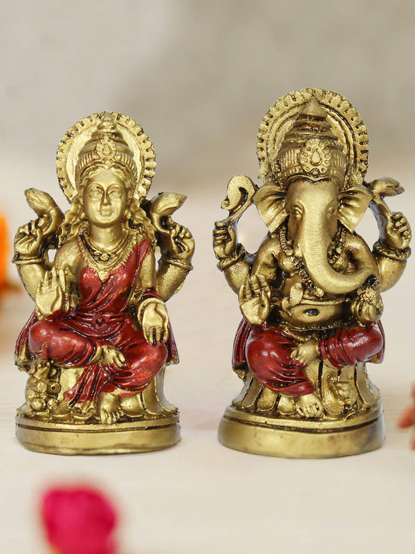 Red & Gold-Toned Printed Laxmi Ganesh Idol Showpiece