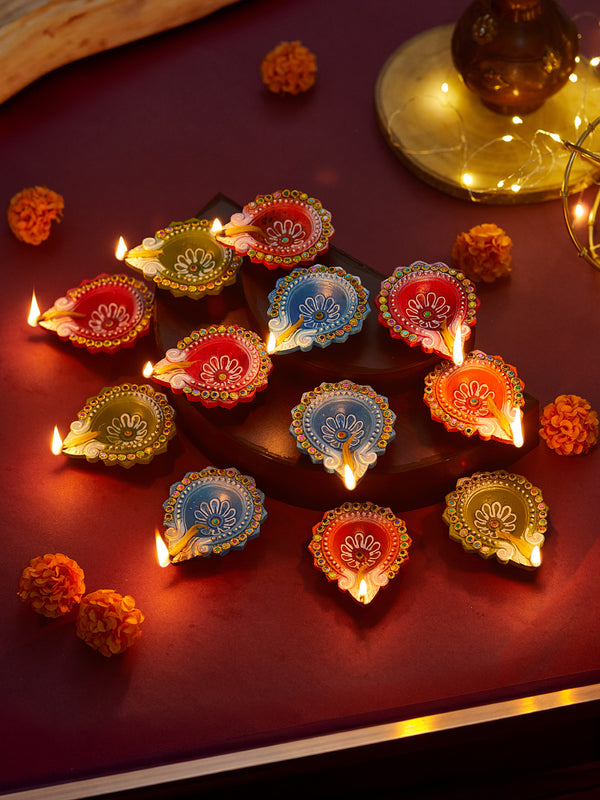 Traditional Handmade Colorful Earthen Clay (Mitti) Diya for Diwali - Set of 12