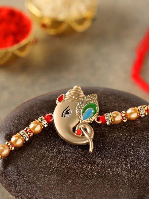 Lord Ganesha Thread Rakhi with Card & Roli Chawal