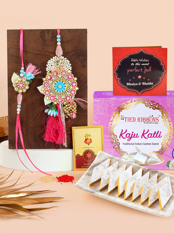 Premium Bhaiya Bhabhi Rakhi Set with Sweets (Kaju Katli)| Card and Roli Chawal Tika