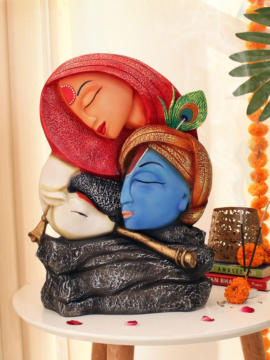 Oxidized Golden Metal Lord Radha Krishna Idol with Diya Handmade Handicraft  for Home Decor Gift Item