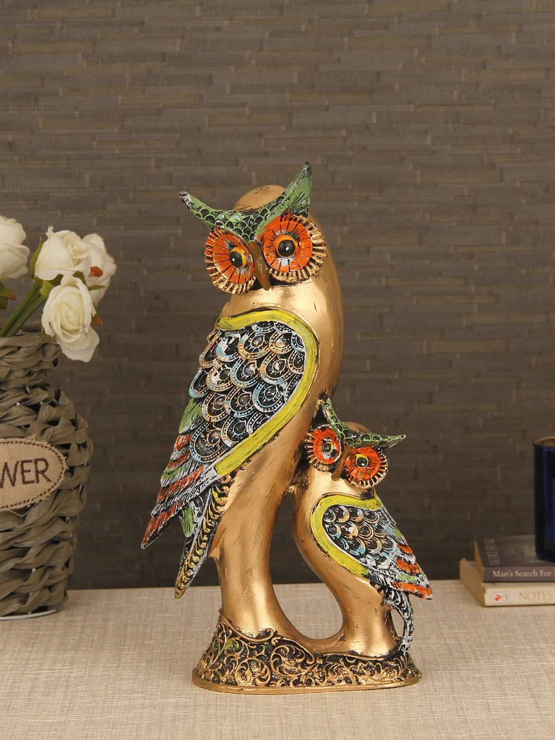 Gold toned Orange Decorative Owl Showpiece 1