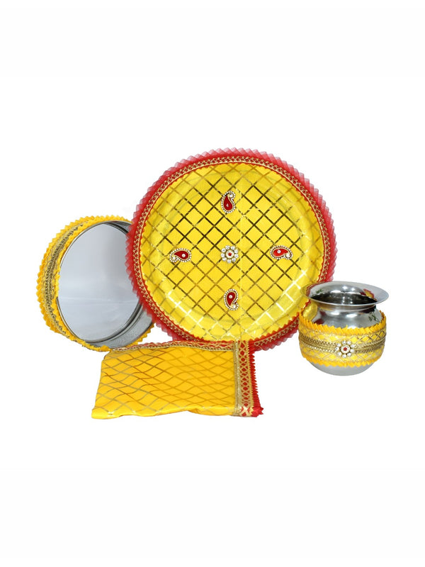 Red & Yellow Karwa Chauth Pooja Thali Set