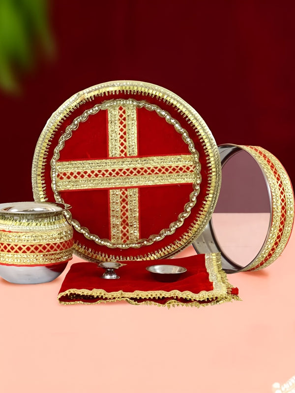 Red Karwa Chauth Pooja Thali Set