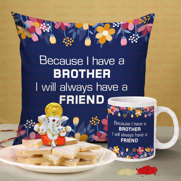 Special Gift Cushion, Mug , Ganesha Idol & Sweets Combo For Brother with Kalawa and Roli Chawal