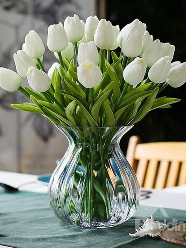 Off White & Green Set Of 5 Artificial Tulip Flowers Sticks