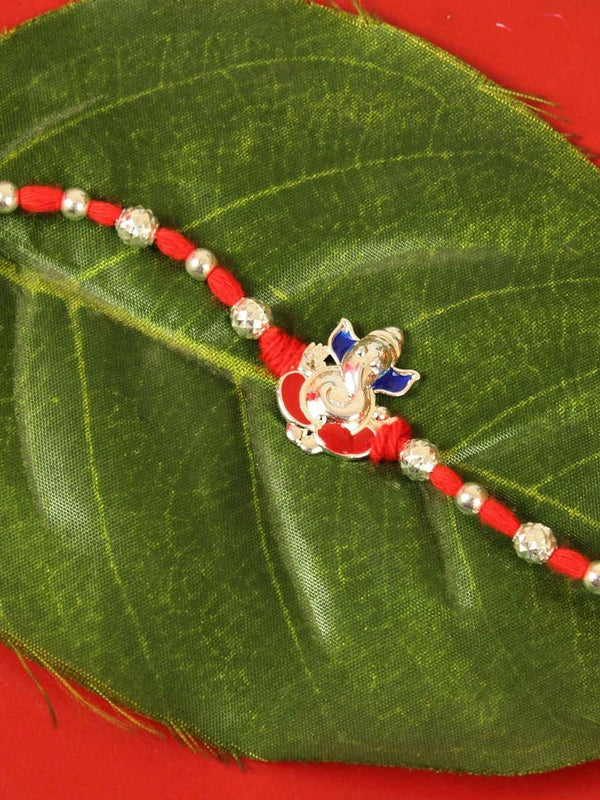 Silver Ganesh Rakhi, Card & Roli Chawal Set