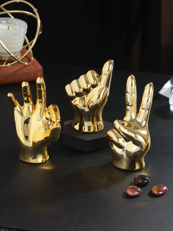 Gold-Toned 3 Pieces Hand Sign Figurine Showpieces