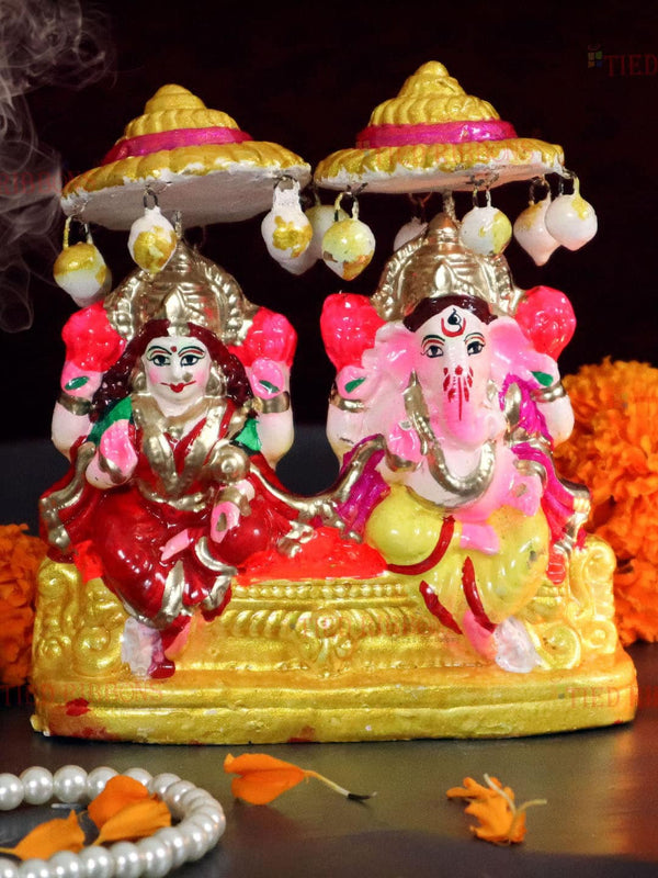 Gold-Toned & Pink Clay Laxmi Ganesh Idol