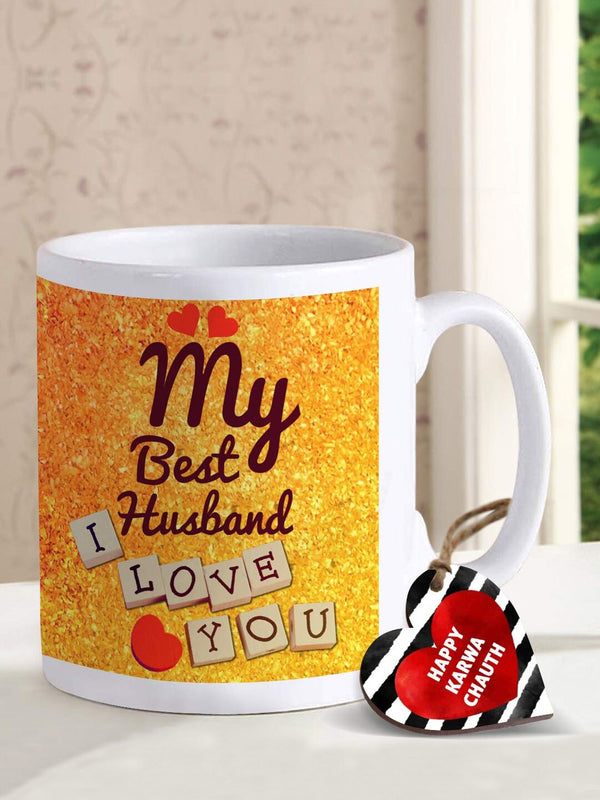 White & Yellow Karwachauth Printed Coffee Mug & Tag Gift Set