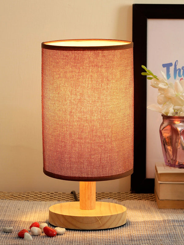 Brown Wooden Cylindrical Table Lamp with Jute Shade