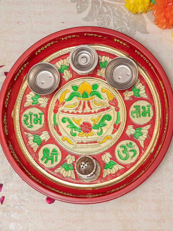 Red Printed Pooja Thali With Attached Incense Diya Tilak Holder