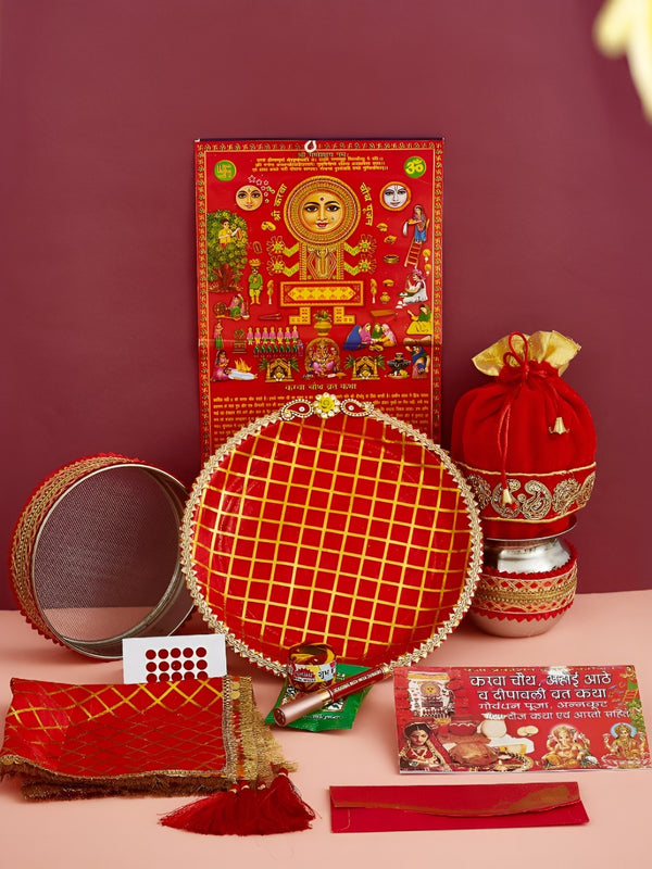 Red Karwa Chauth Thali Set With Cover & Pooja Samagri