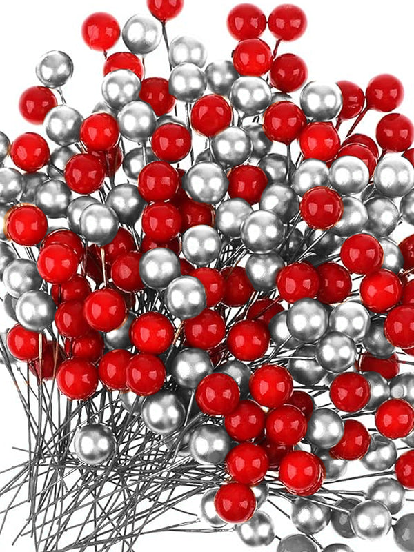 Pack of 100 Red &  Sliver Christmas Artificial Berries Stems