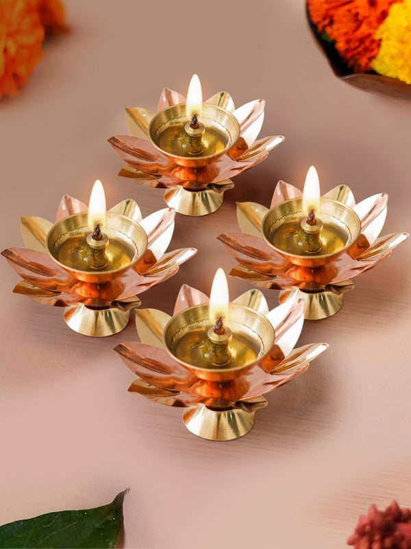 Gold-toned & Rose Gold-Toned 4 PiecesAntique Lotus Akhand Brass Diyas