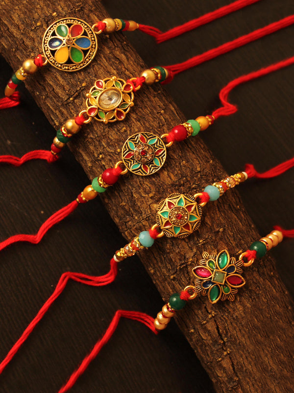 Rakhi for Brother with Gift Set of 5 Rakhi with Card and Roli Chawal Tika