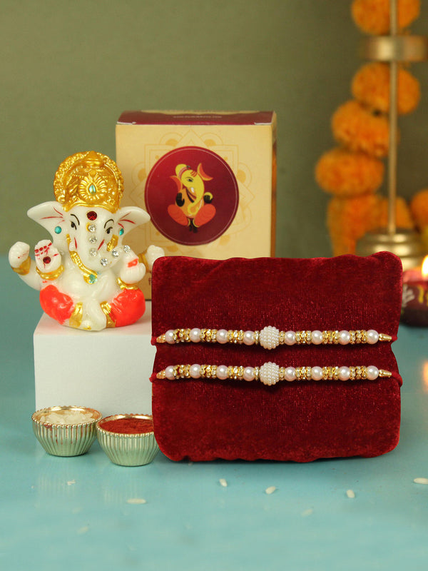 Designer Rakhi (Set of 2) | Mini Ganesha Idol | Rakhi Card & Roli Chawal